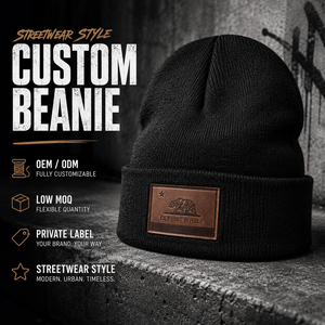 Gorro de Punto Negro y Gris con Logotipo Personalizado, Bordado OEM, Parche de Cuero, Alta Calidad, Unisex, Premium, para Invierno, Venta al Por Mayor - Product Image 1