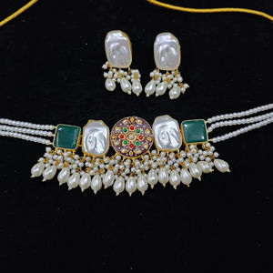 Traditional Kundan Pearl Choker Necklace <b>Set</b> with <b>Green</b> Beads - Gold Plated Bridal <b>Jewellery</b> for Weddings & Festivals - Product Image 1