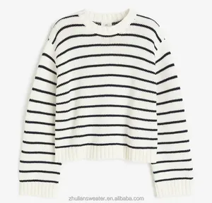 Custom New Autumn Women's Striped Crew Neck Knit Sweater Casual Shopping Pullover Sweater Knit Top