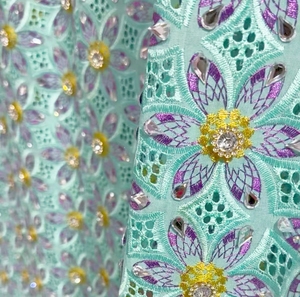 Ren lưới kiểu mới đính đá, vải cotton châu Phi màu hồng đỏ, ren voan thêu, họa tiết ren Thụy Sĩ, vải ren Guipure đính pha lê - Product Image 5