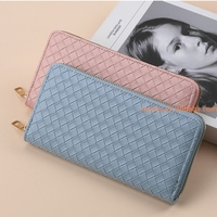 Dompet ponsel kulit PU wanita, tas ponsel kulit PU panjang baru pola tenun ritsleting kapasitas besar