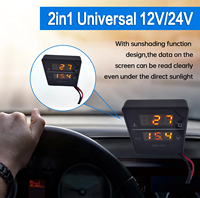 Voltmeter pengukur suhu air Digital mobil, dengan adaptor biru 34mm Sensor 10mm 2 in 1 Universal 12V 24V LCD untuk mobil truk