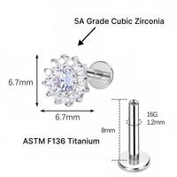 Aopo F136 Piercings en Titane avec Zircon Cubique, à Filetage Interne, Clous d'Oreille à Dos Plat pour Tragus et Cartilage, Bijoux de Corps