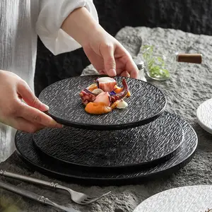 Porcelaine Black White Steak Flat Dinner Plate for Restaurant Round Matte Ceramic Pasta Cake Sushi Dessert Tray Show Platter