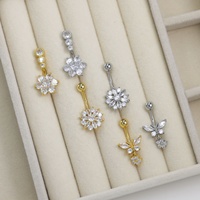 Anneaux de nombril en acier chirurgical 316L avec papillon et fleur en CZ, 14G, zircone cubique transparente, bijoux de piercing pour femmes