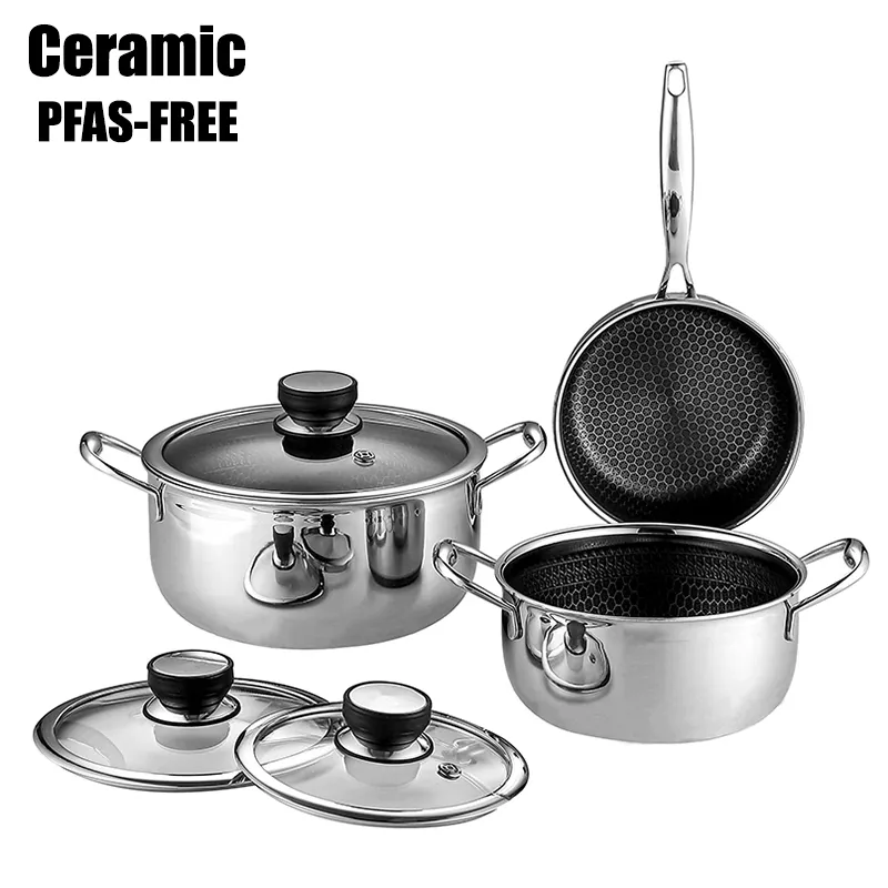 China Export Nonstick Ceramic Cookware Set Stainless Steel Kitchen Honeycomb Eco-friendly PFAS Free Hybrid Cooking Pots