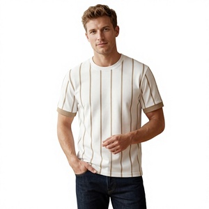 Men's Casual Short Sleeve Striped Knitted <b>T</b>-<b>Shirt</b> O-Neck Regular Fit Contrast Trim Eco-Friendly Cotton Breathable Machine Front - Product Image 1