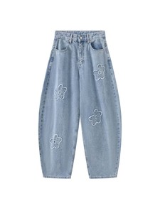 Nouveau <span class=keywords><strong>jean</strong></span> coréen élégant taille haute avec broderie florale, pantalon long ample à jambes larges pour femme - Product Image 4