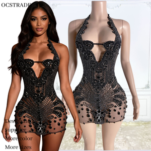 Ocstrade Listo para Enviar - Contacta Antes de Ordenar Vestido Mini Sexy de Malla Transparente <span class=keywords><strong>con</strong></span> Cuello Halter y Pedrería Negra para Fiesta Nocturna de Mujer - Product Image 1