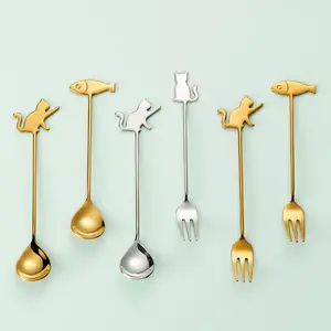 Cute Mini Cat Spoon Ouro Sobremesa Chá Colher Peixe Colheres para Café Sorvete Açúcar