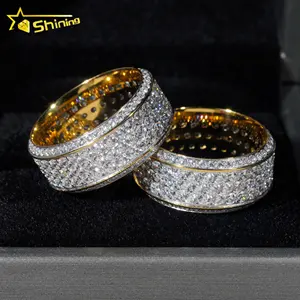 Ready To Ship Gold Plated Hip Hop Jewelry Stainless Steel Fully Iced Out VVS Moissanite Eternity Band Rings Men