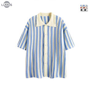 Cárdigan de punto transpirable de alta calidad para <span class=keywords><strong>hombre</strong></span>, con rayas, manga corta, cuello solapa, estilo polo, de una sola botonadura. - Product Image 4