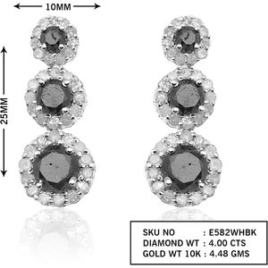Ornaatis Black And White <b>Diamond</b> Three Stone Halo <b>Dangle</b> <b>Earrings</b> 10K White Gold Women's Wedding Jewelry - Product Image 6