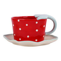 Ensemble tasse et soucoupe en céramique peinte à la main, motif fraise rose/rouge, design original et mignon, écologique, capacité 210 ml, pour le thé de l'après-midi
