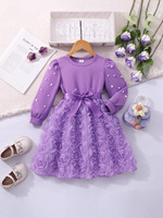 Robe longue à manches longues pour filles d'automne de petite et moyenne taille, style princesse, couleur unie, fleur tridimensionnelle, perle