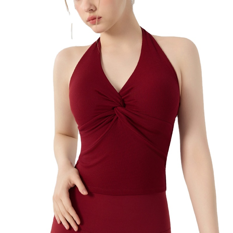Deep V Halter Neck Vest Fitness Tank Gym Top for Women Twist Compression Yoga Vest Workout Sports Bra