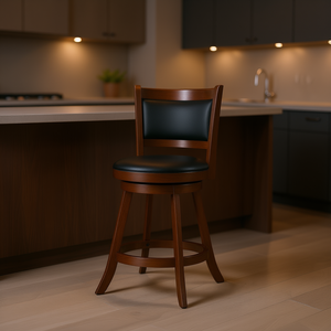 Taburete de Bar Giratorio de Madera de Nogal con Asiento Negro, Diseño Tradicional, Muebles para Bar en Casa - Product Image 2