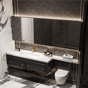 Mueble de Baño Vintage Estilo Francés con Extensión para <span class=keywords><strong>Inodoro</strong></span>, Lavabo Integrado de Losa de <span class=keywords><strong>Roca</strong></span> Curvada en Caliente, Lavabo Estilo Americano - Product Image 2