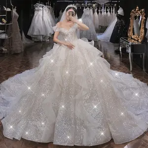 Elegant White Off the Shoulder Bling Bridal Gowns Long Tail Sweetheart Bride Wedding Dresses