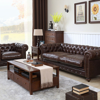 Ensemble de canapés américains de luxe pour salon, canapé capitonné marron classique vintage en cuir Chesterfield