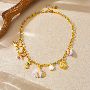 Ocean Resort Style Clavicle Chain Stainless Steel Gold Plated Seashell Crab Seahorse Pendant Necklace - Product Image 3