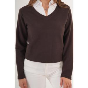 Chemisier à col tricoté marron pour femme, décontracté, pour tous les jours, avec contraste de couleurs - Product Image 4