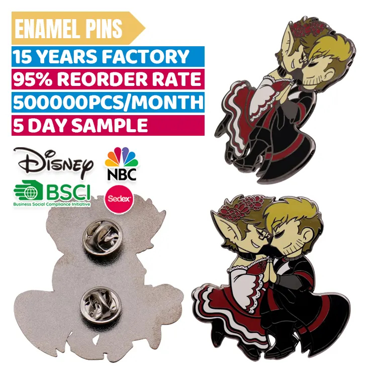 OEM Metal Pin Badge Manufacture Custom Cartoon Dance Lovers Logo Hard Label Pin Custom Anime Enamel Lapel Pins With Backing Card