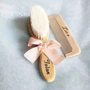 Escova de cabelo de cabra para bebês, conjunto de escova de cabelo de bambu de madeira para bebês