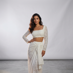 <b>White</b> Embroidered Crop Top & Draped Skirt CoOrd SetWhite Chikankari Crop Top & Wrap Skirt <b>Set</b> Embroidered Beachwear CoOrd <b>Set</b> - Product Image 1