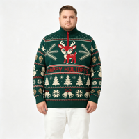 Pull en maille jacquard vert pour homme, style ethnique de Noël, col montant, fermeture éclair quart, ODM OEM