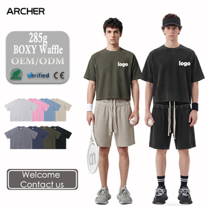 <span class=keywords><strong>Camiseta</strong></span> de punto gofrado de corte holgado y corto para hombre con logo personalizado, 235g, manga raglán, manga corta - Product Image 1