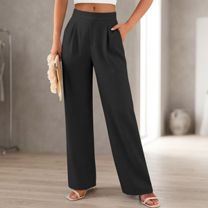FOXA Breathable Crepe <b>Wide</b> <b>Leg</b> Pants Woman High Waist Palazzo <b>Trousers</b> with Pockets Dark <b>Black</b> Summer Business Casual - Product Image 3
