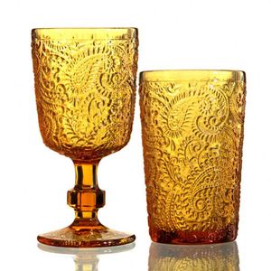 Venta al por mayor de vasos de agua de color verde ámbar con relieve mexicano, copas de vino tinto de color, copas de vino vintage - Product Image 2