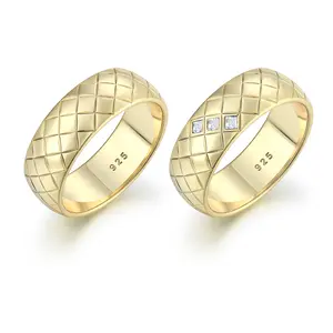 YILUN 925 Sterling Silver Couple Rings Cubic Zirconia Luxury Quilted Design Gold Plated Couple Rings for Men and Women