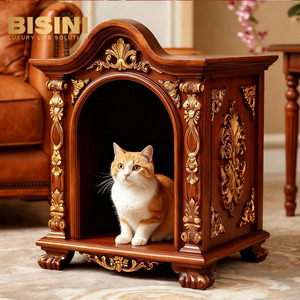 Lit <span class=keywords><strong>Rococo</strong></span> Français en Bois Massif Sculpté, Niche de Luxe pour Chien et Chat, Villa Européenne pour Animaux de Compagnie, <span class=keywords><strong>Maison</strong></span> Intérieure pour Petits Chiens et Chats - Product Image 1