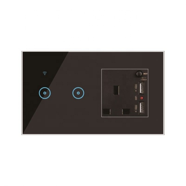 Smart Home Household 86*146 Electrical Double 2 USB Wireless Tuya APP Wifi UK BS Smart Socket with Touch Switch