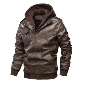 US grande taille fausse <span class=keywords><strong>capuche</strong></span> noir marron hiver chaud moteur motard manteau hiver extérieur en <span class=keywords><strong>cuir</strong></span> PU jean moto veste pour hommes - Product Image 3