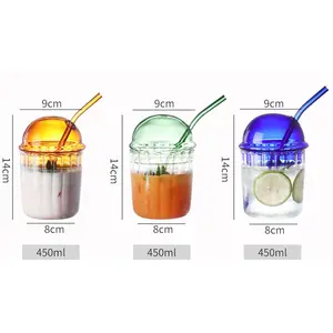 Новый дизайн, 450 мл, стеклянная чашка для напитков по заводской цене, прозрачное стекло с соломой и разноцветной крышкой