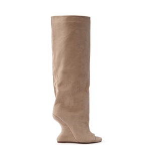 Eleganti Stivali da Donna in Finta Pelle Scamosciata <span class=keywords><strong>Nude</strong></span> con Zeppa e Punta Aperta, Stivali Alti al Ginocchio con Chiusura a Strappo - Product Image 2