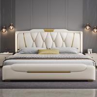 Lit en cuir gris haut de gamme italien, lit king-size moderne avec rangement luxueux, cadre de lit minimaliste en bois éclairé, ensemble de lit queen-size