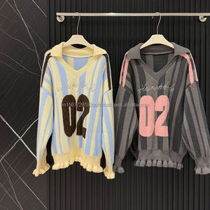 Pull en maille douce et ample à col en V avec blocs de couleur et dentelle, style coréen, personnalisable, pour femme, collection début d'automne - Product Image 3