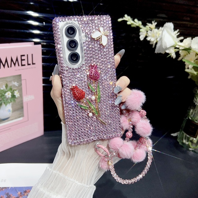 Hot Sale Glitter Diamond Flower Phone Case for samsung Z Fold 7 6 for Z Flip 6 5 with Chain Mobile Phone Accessories
