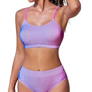 Striped Two Piece Bikini Set High Waist Swimwear Deep V Neck Beachwear for Women Wholesale Rate OEM Cheap Price Custom - Product Image 3