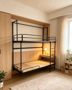 <span class=keywords><strong>Lit</strong></span> superposé mural robuste en acier, non électrique, avec <span class=keywords><strong>double</strong></span> barrière de sécurité latérale, échelle externe et <span class=keywords><strong>sommier</strong></span> à lattes en contreplaqué pour appartement et auberge - Product Image 1
