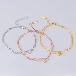 Bracelet de cheville Double couche en acier inoxydable pour femmes, breloque en forme de cœur, avec pendentif en or Rose et plaqué, 1 pièce, 316L