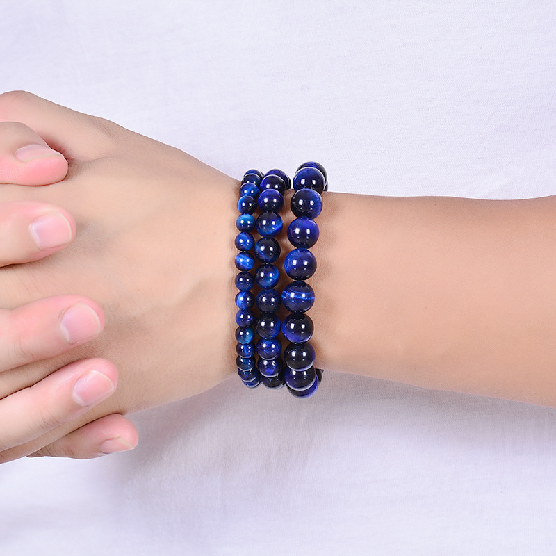 Cross-Border Natural Crystal Blue Tiger Eye Eagle Eye Cat's Eye Bracelet 6/8/10MM DIY Fashion Bangle for Jewelry Making