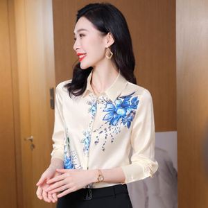 Camisas elegantes de seda satinada de manga larga para mujer Camisas estampadas decoradas con botones informales para primavera y verano - Product Image 3