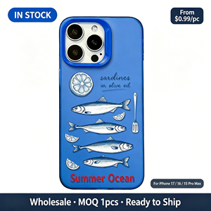 Funda de TPU mate azul con diseño de sardinas y limón dibujados a mano, cubierta de pez con estética oceánica de verano para <span class=keywords><strong>iPhone</strong></span> 17 16 15 14 13 <span class=keywords><strong>Pro</strong></span> <span class=keywords><strong>Max</strong></span> - Product Image 1