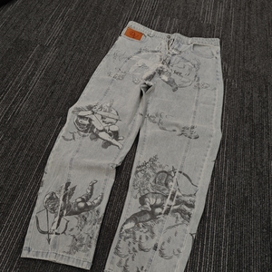 <span class=keywords><strong>Jeans</strong></span> Larghi Vintage da Uomo, Gamba Dritta, Nero e Bianco, Lavaggio Acido, Stampa Oversize con Motivo Angelo, Denim Hip Hop Invernale - Product Image 5