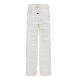 Vacation Resort Breathable Summer Women's Sheer Knit Wide Leg Palazzo <b>Trousers</b> Solid Lace Texture Bohemian Style Loose Fit - Product Image 6